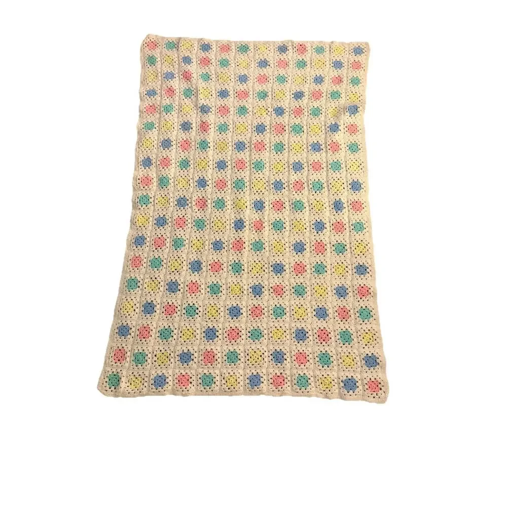 Vintage Crochet Granny Square Afghan Floral Colorful Cottagecore Farmhouse 37x56